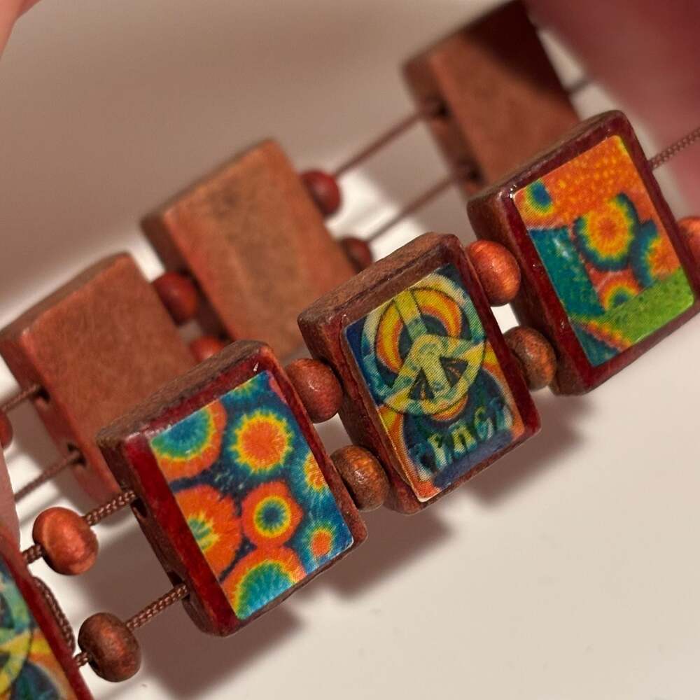 Rectangle Wood Beaded Peace +Flower Tie dye  Colorful Stretch Bracelet